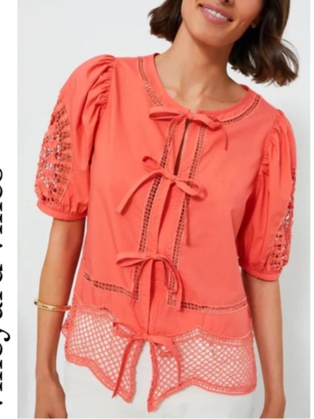 Vineyard Vines NWT Coral Crochet-Tie Peasant Blouse Size M